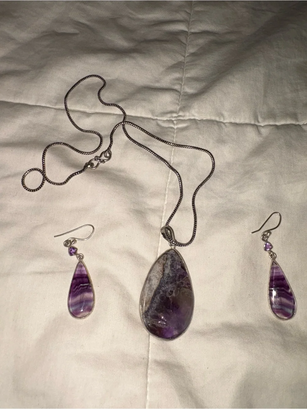 Amethyst Teardrop Pendant Necklace and Earrings Set - Purple Gemstone